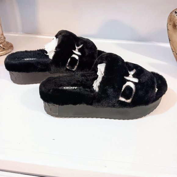 DKNY Black and White Furry Slippers - Picture 2 of 6